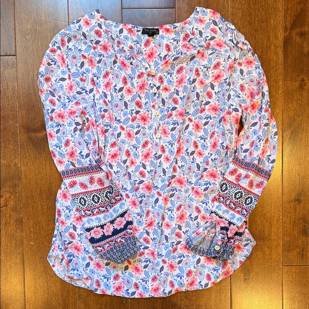 Talbots Pink and Blue Floral Button-Front Blouse